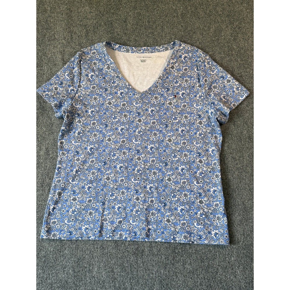 Tommy Hilfiger Floral T Shirt Womens XXL‎ Blue White Print Tee